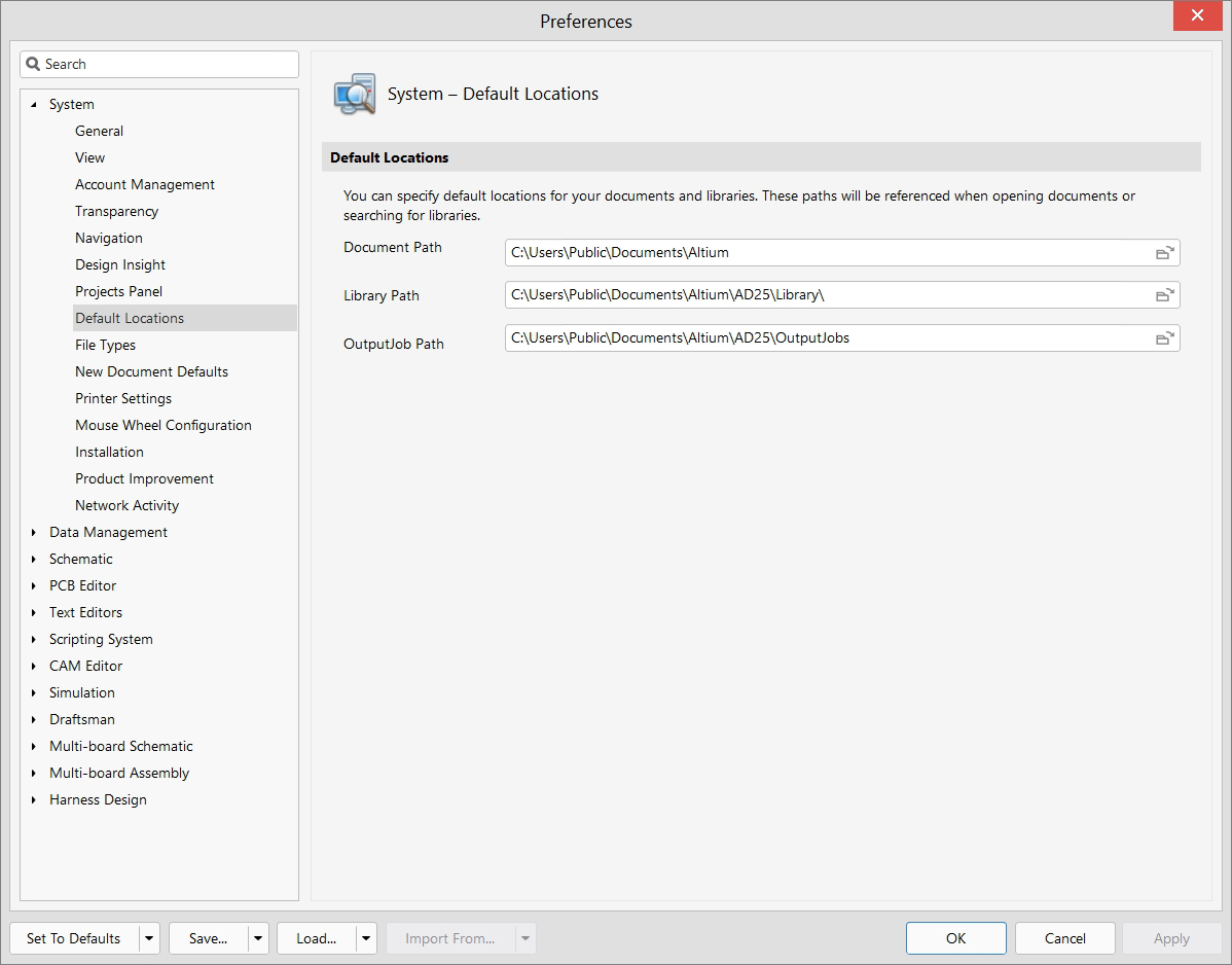 System - Preferences - Default locations