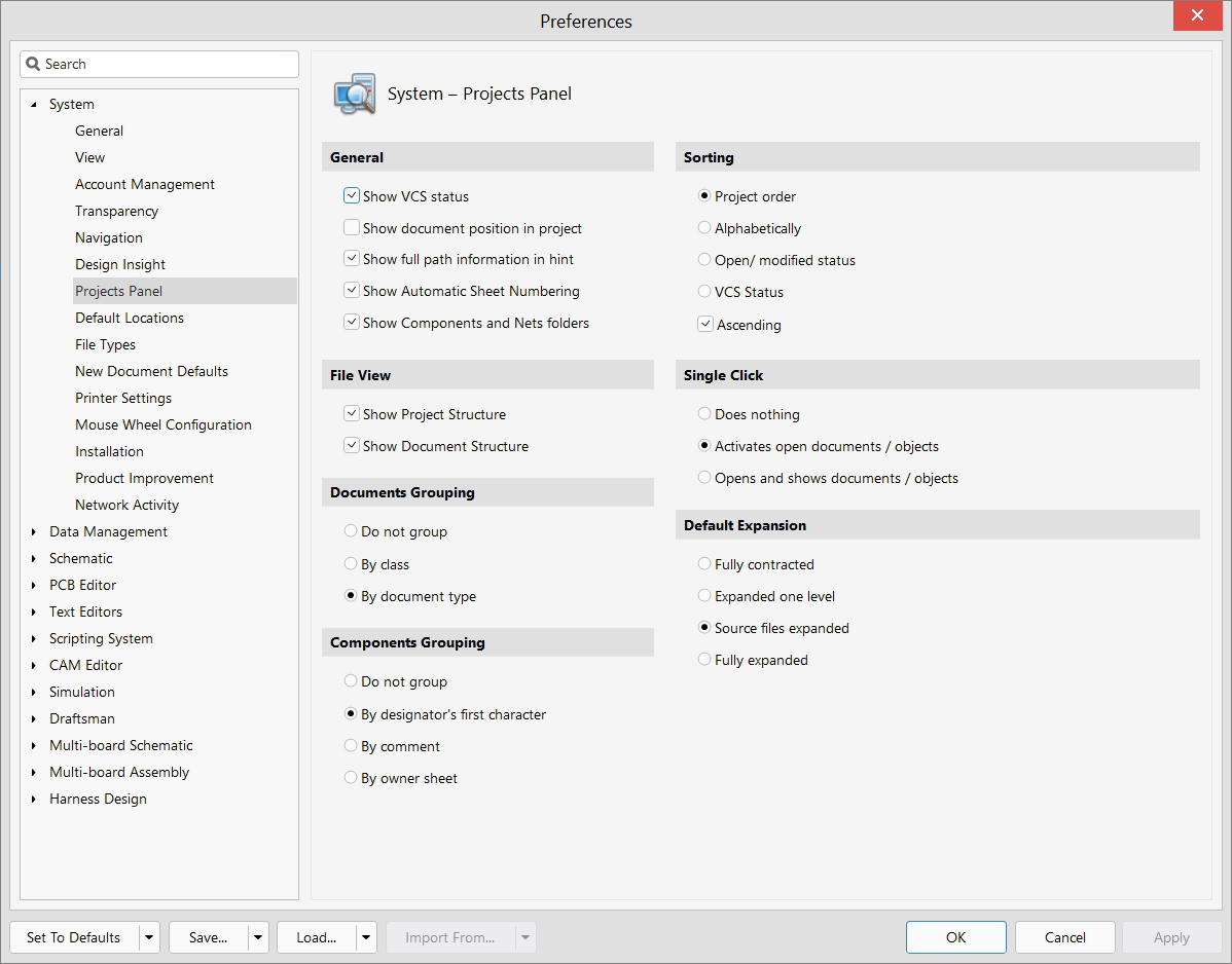 System - Preferences - Project panel